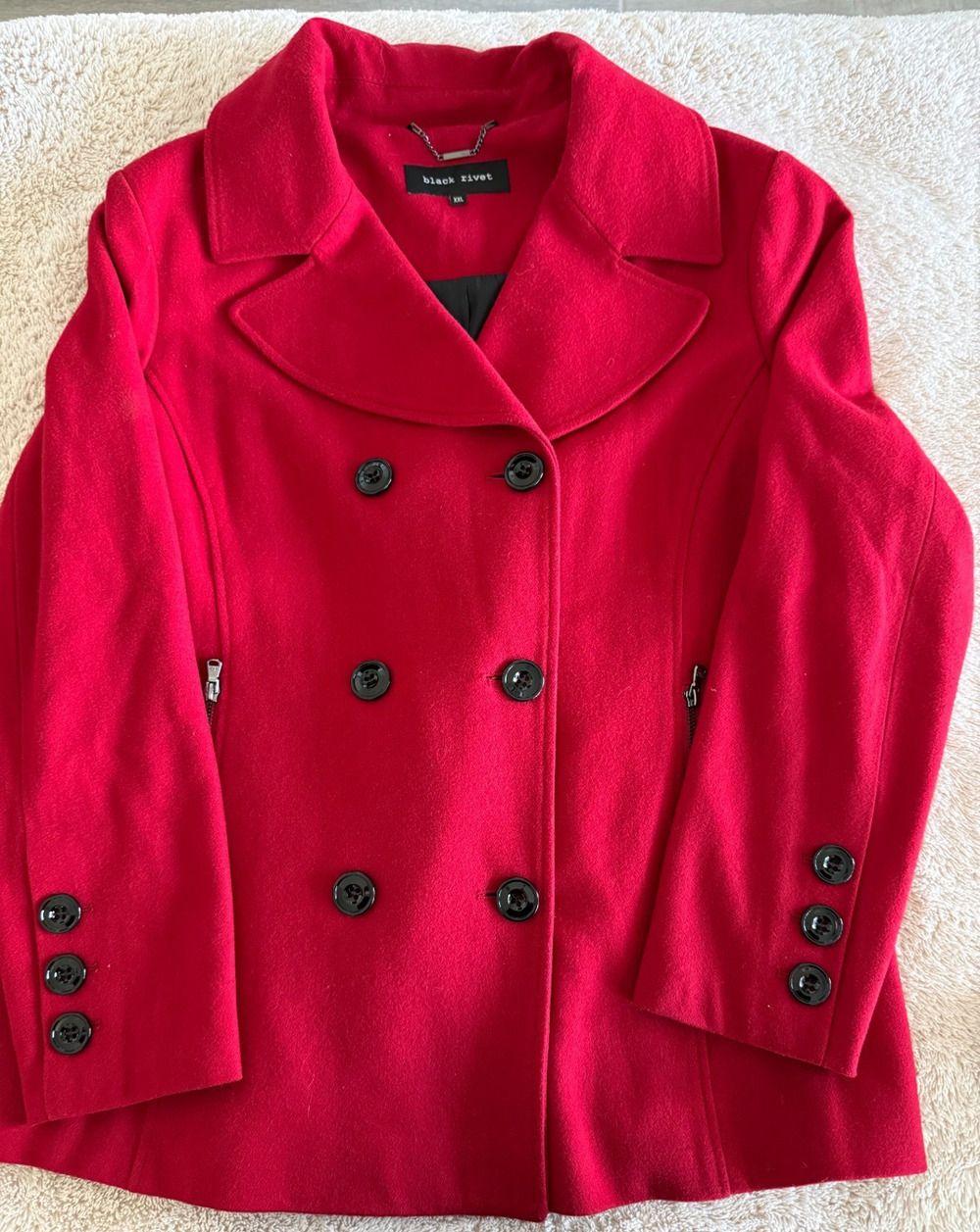 Black Rivet Red Pea Coat XXL Double Breasted Jacket Black Buttons Zip Pockets